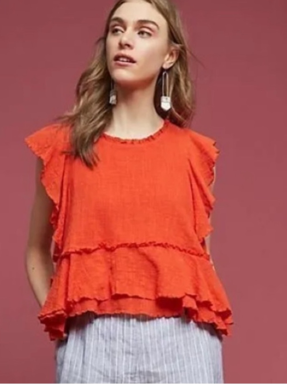 Anthropologie MAEVE Cascade Red Cotton Gauze Tiered Flutter Top Medium - Picture 2 of 9